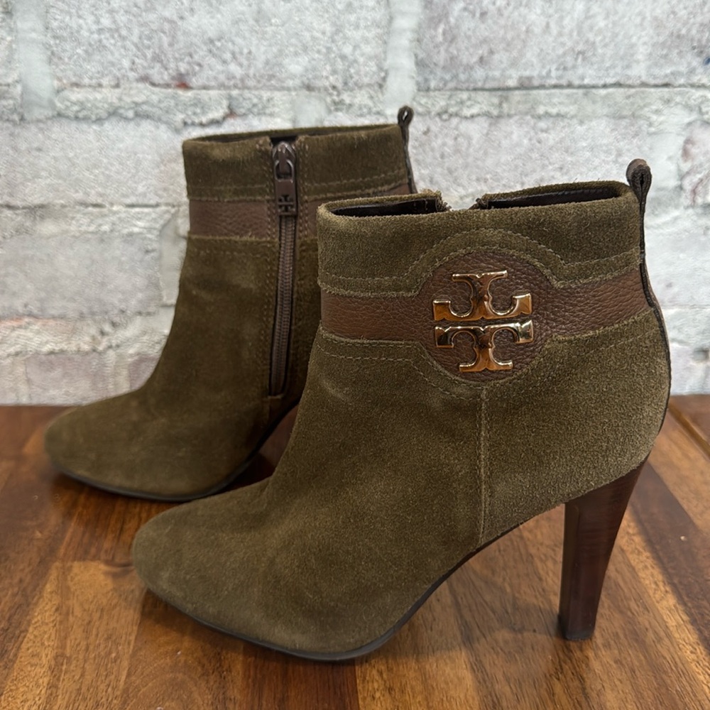 Tory Burch Alaina Olive Green Suede Ankle Boots